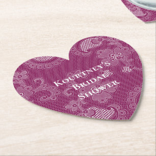 Burgundy Wine White Lace Floral Bridal Shower Paper Coaster