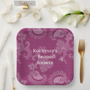 Burgundy Wine White Lace Floral Bridal Shower Paper Plate