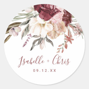 Burgundy Wine Wildflower Wedding  Classic Round Sticker