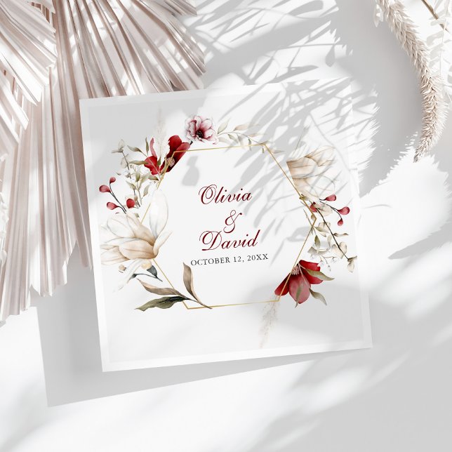 Burgundy Winter Elegance Wedding Napkin (Burgundy Winter Elegance Wedding Paper Dinner Napkins on a sunny white table.)