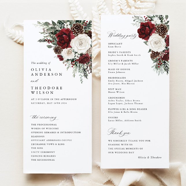 Burgundy Winter Floral Wedding Ceremony Program Programme (Burgundy winter floral wedding program card, pinecone ceremony program, elegant wedding party)