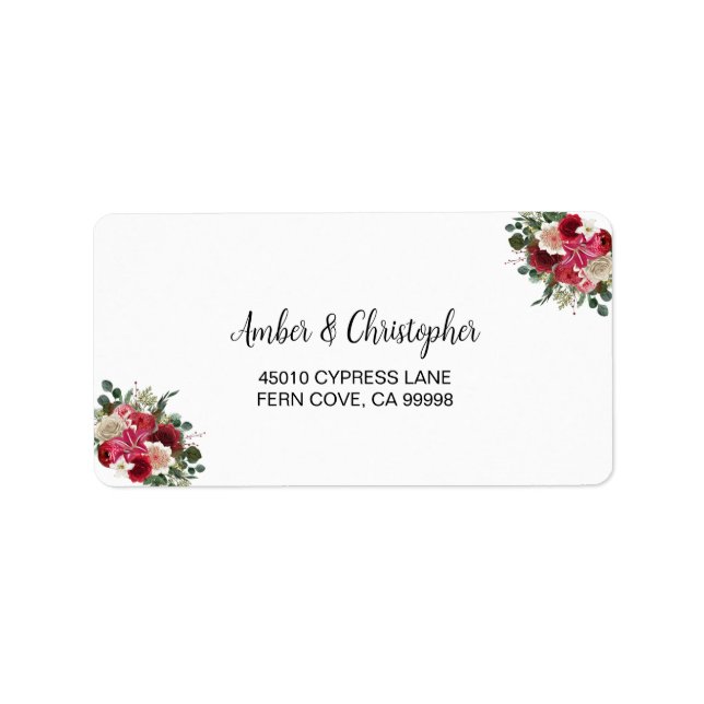Burgundy Winter Floral Wedding RSVP Return Address Label (Front)