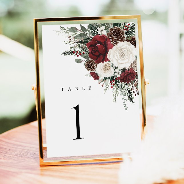 Burgundy Winter Floral Wedding Table Numbers  (Burgundy winter floral wedding table numbers card elegant holiday table number reception decor)