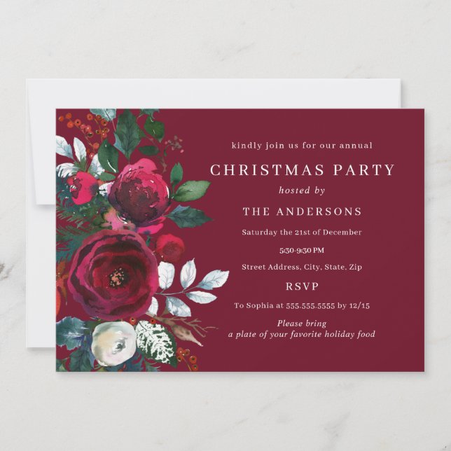 Burgundy Winter Foliage Christmas Party Invitation (Front)