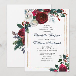 Burgundy Winter Roses Foliage ENGAGEMENT PARTY Invitation