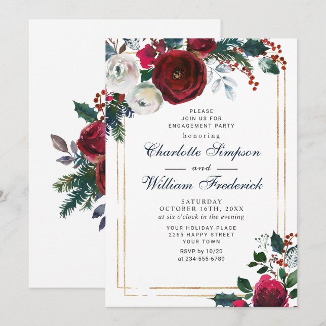 Burgundy Winter Roses Foliage ENGAGEMENT PARTY Invitation (Front/Back)