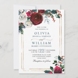 Burgundy Winter Roses Foliage Watercolor Wedding Invitation