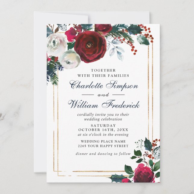 Burgundy Winter Roses Foliage Watercolor Wedding Invitation (Front)