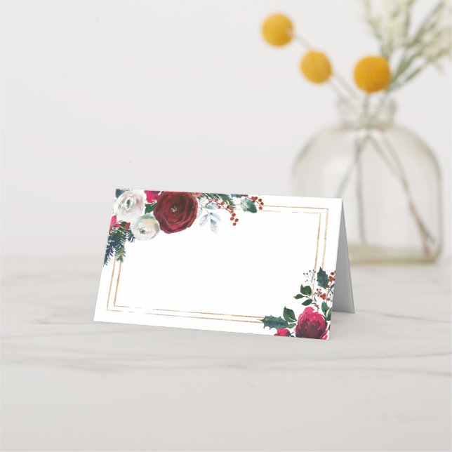 Burgundy Winter Roses Foliage Wedding Table Place Card (Front)