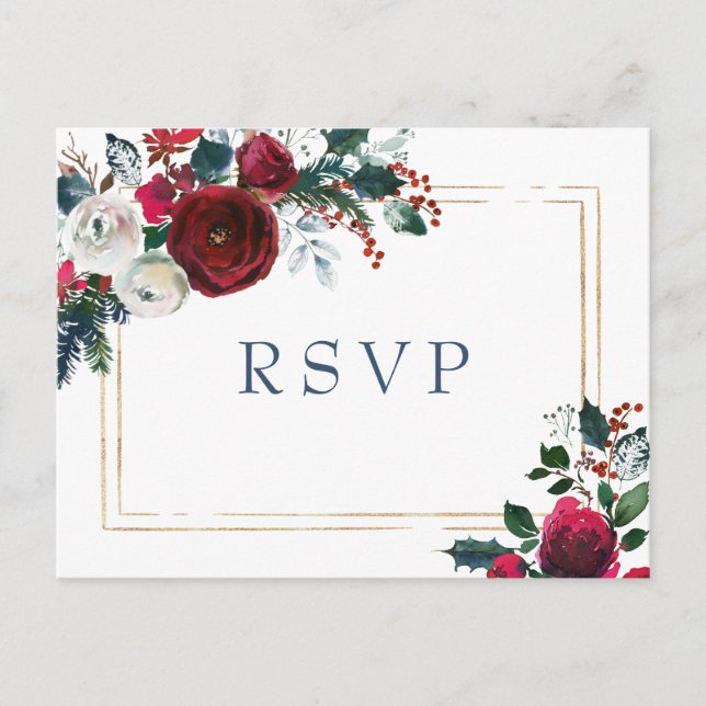 Burgundy Winter Roses Greenery Wedding RSVP Postcard (Front)