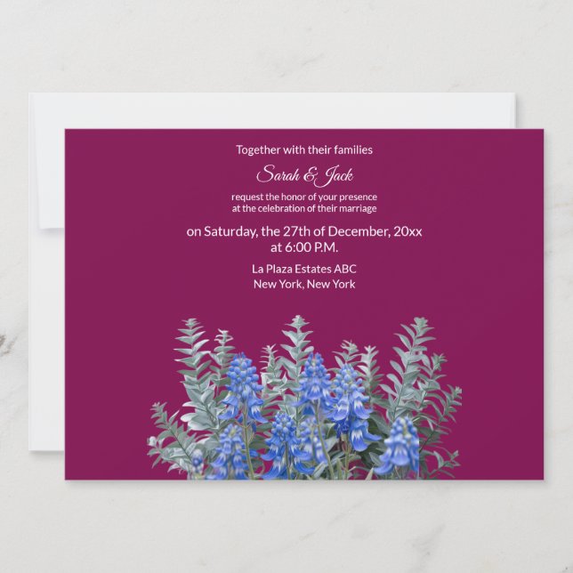Burgundy Winter Wedding Invitation with Bluebonnet (Front)