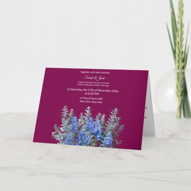 Burgundy Winter Wedding Invitation with Bluebonnet (Front)