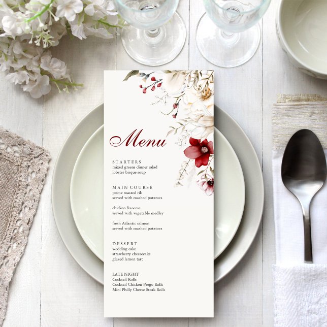 Burgundy Winter Wildflowers Menu Card (Burgundy Winter Wildflowers Menu Card on a white and silver wedding dinner table.)
