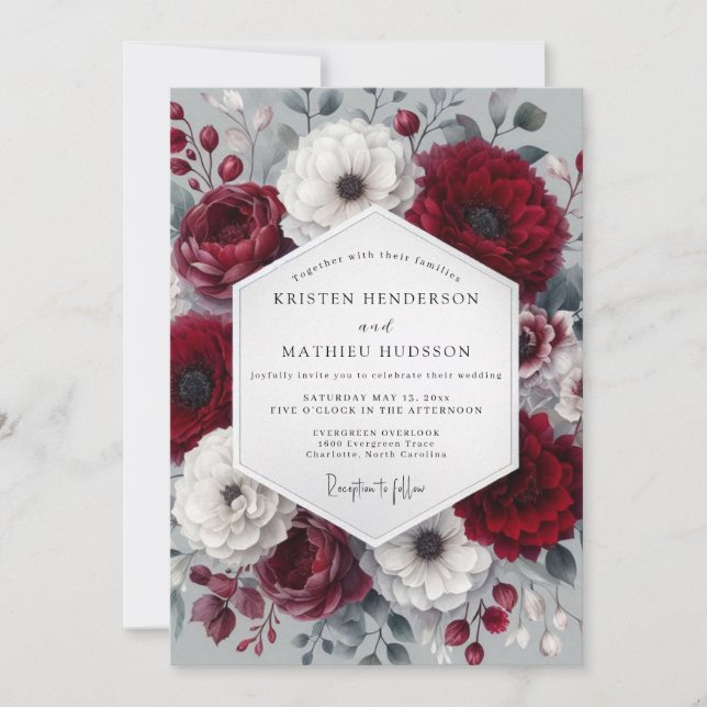 Burgundy Wintry Anemone Wedding Invitation (Front)