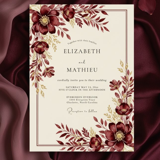 Burgundy Wintry Floral Wedding Invitation (Creator Uploaded)