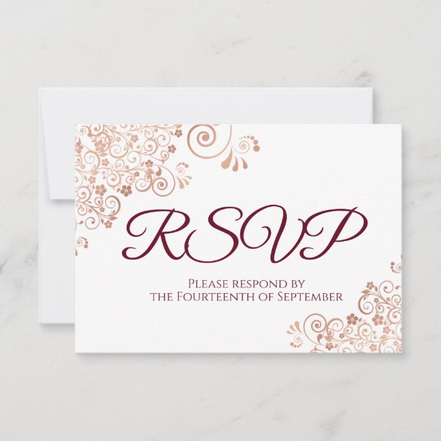 Burgundy with Elegant Rose Gold Lace Wedding RSVP Card (Front)