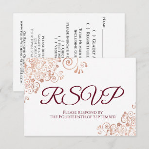 Burgundy with Elegant Rose Gold Lace Wedding RSVP Card