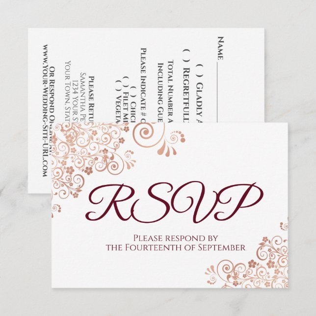 Burgundy with Elegant Rose Gold Lace Wedding RSVP Card (Front/Back)