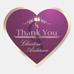 Burgundy with Gold Border and Monogram Thank You Heart Sticker