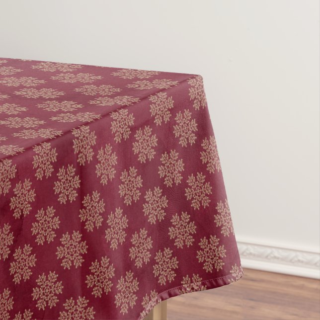 Burgundy with Gold Snowflakes Christmas Tablecloth (In Situ)