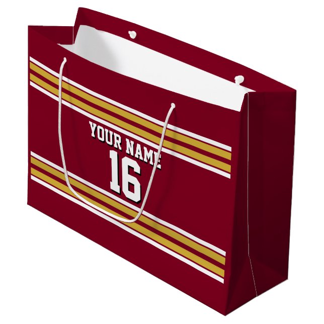Burgundy with Gold White Stripes Team Jersey Large Gift Bag (Front Angled)