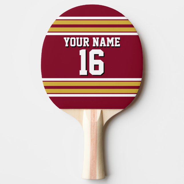 Burgundy with Gold White Stripes Team Jersey Ping Pong Paddle (Front)