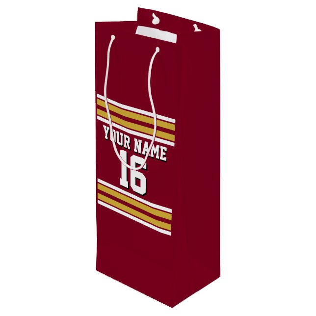 Burgundy with Gold White Stripes Team Jersey Wine Gift Bag (Back Angled)