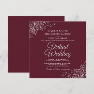 Burgundy with Lacy Silver Elegant Virtual Wedding Invitation