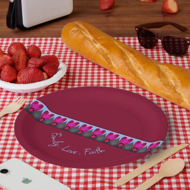 Burgundy With Pink Heart Pattern Paper Plate (Picnic)