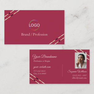 Burgundy with Rose Gold Lines Logo and Photo Business Card