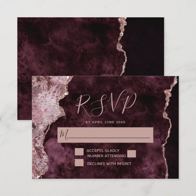 Burgundy with Rose Gold Marbled Agate Wedding RSVP Card (Front/Back)