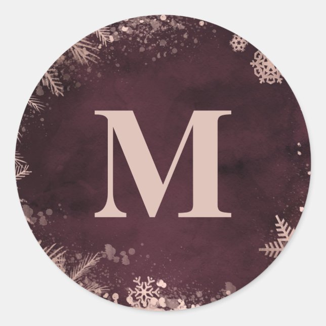 Burgundy with Rose Gold Winter Wedding monogram Classic Round Sticker (Front)