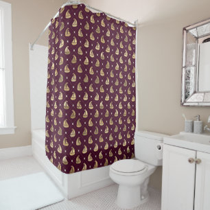 BURGUNDY WITH ROWS OF GOLD SAILBOATS SHOWER CURTAIN