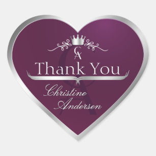 Burgundy with Silver Frame and Monogram Thank You Heart Sticker