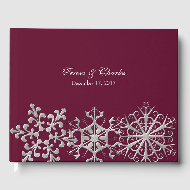 Burgundy with Snowflakes Wedding Guest Book (Front)