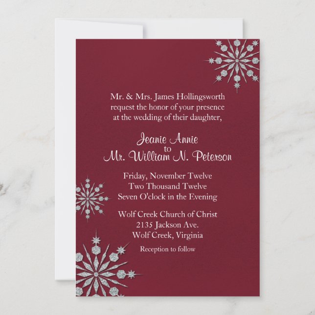 Burgundy with Snowflakes Winter Wedding Invitation (Back)