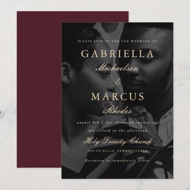 Burgundy with Typography Overlay Photo Wedding Invitation (Front/Back)