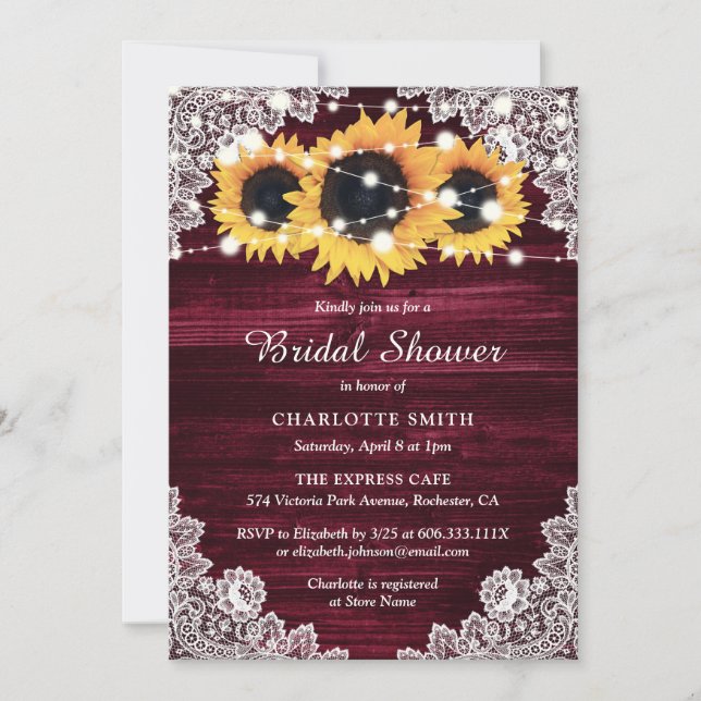 Burgundy Wood and Lace Sunflower Bridal Shower Invitation (Front)