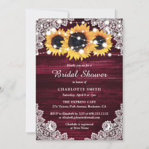 Burgundy Wood and Lace Sunflower Bridal Shower Invitation