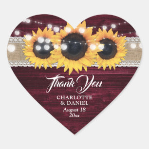 Burgundy Wood Burlap Lace Sunflower Wedding Favor Heart Sticker