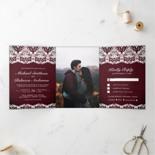 Burgundy Wood Country Lace All in One Wedding Tri-Fold Invitation