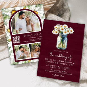 Burgundy Wood Daisies Mason Jar QR Code Wedding Invitation