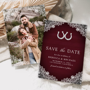 Burgundy Wood Horseshoe Lace Photo Wedding Save The Date