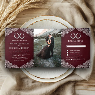 Burgundy Wood Horseshoes Lace Wedding Photo Tri-Fold Invitation