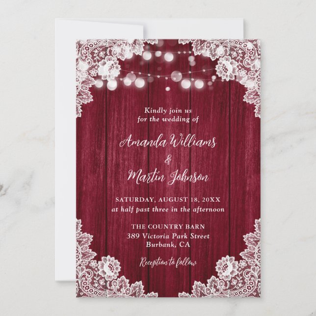 Burgundy Wood Lace Romantic Rustic Wedding Invitation (Front)