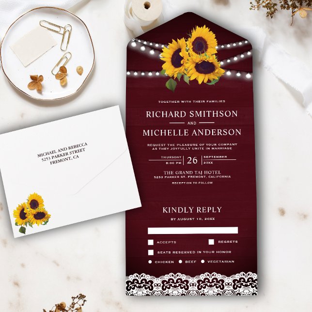 Burgundy Wood Lace String Lights Sunflower Wedding All In One Invitation (Creator Uploaded)