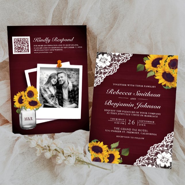Burgundy Wood Lace Sunflower Photo QR Code Wedding Invitation (Creator Uploaded)