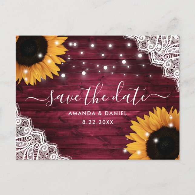 Burgundy Wood Lace Sunflower Wedding Save The Date Announcement Postcard (Front)