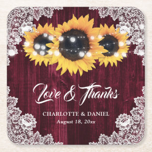 Burgundy Wood Lace Sunflower Wedding Thank You Square Paper Coaster
