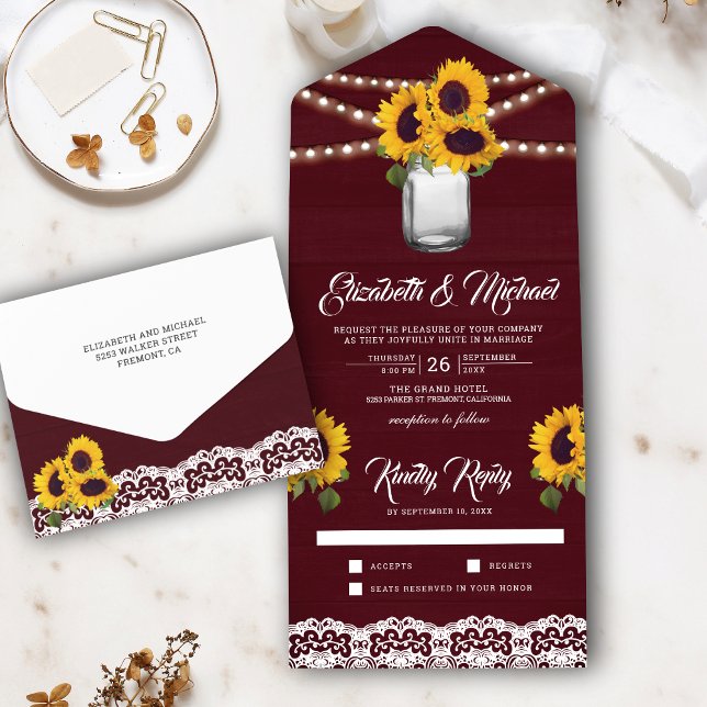 Burgundy Wood Lace Sunflowers Mason Jar Wedding All In One Invitation (Creator Uploaded)